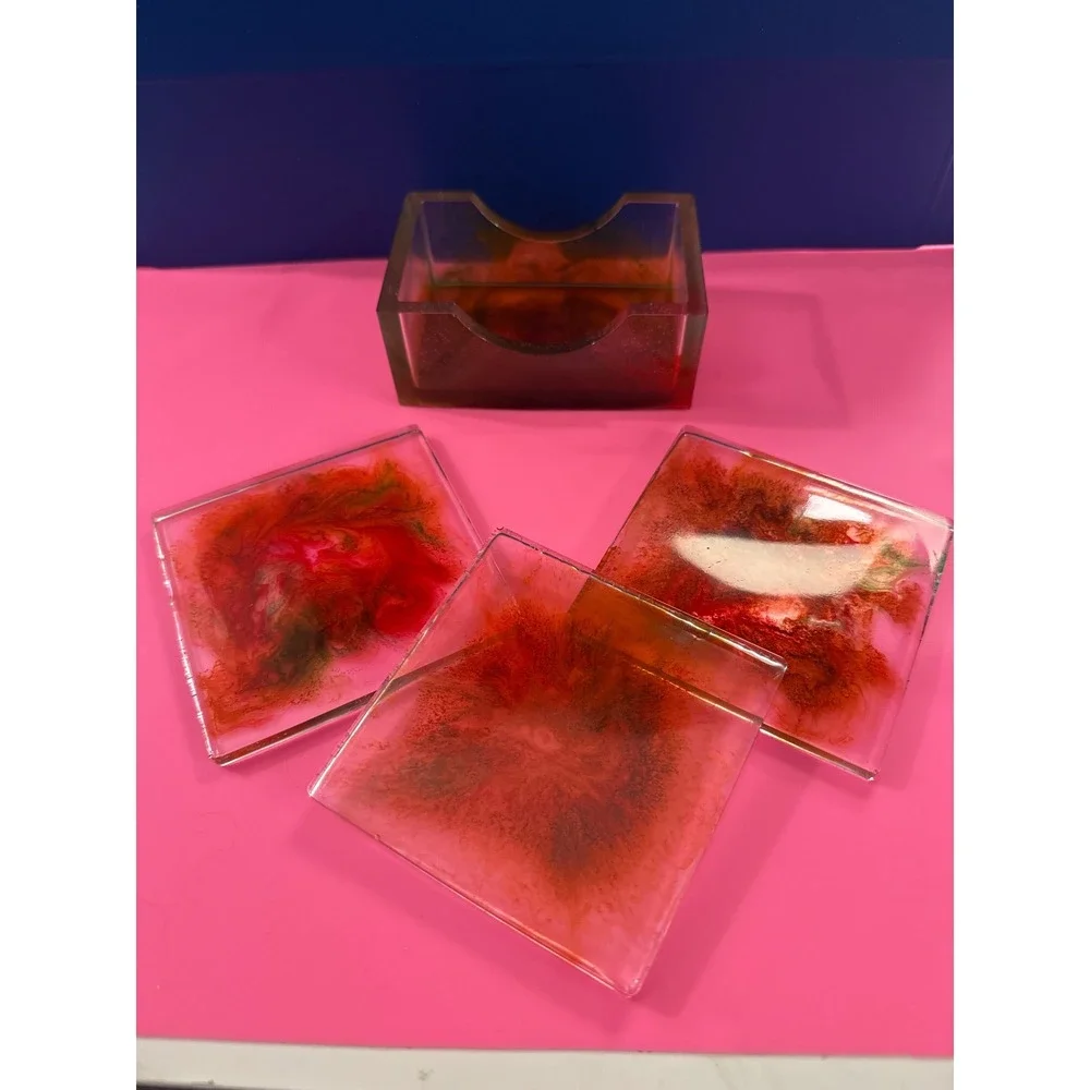 Handmade Resin Coaster Set with Holder Red Orange Alcohol Ink Abstract 6 Piece